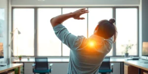 simple desk stretches for relieving tech neck and back pain.png AI generated image using Flux AI
